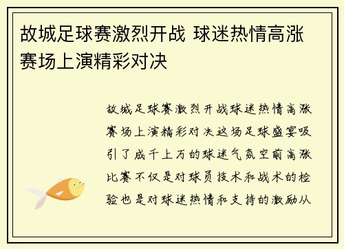 故城足球赛激烈开战 球迷热情高涨 赛场上演精彩对决