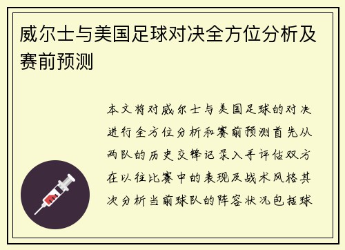 威尔士与美国足球对决全方位分析及赛前预测